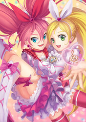  2girls blonde_hair blue_eyes boots bow brooch carrying choker commentary_request couple cure_melody cure_rhythm frills green_eyes heart highres houjou_hibiki jewelry knee_boots long_hair looking_at_viewer magical_girl majicjiang midriff minamino_kanade multiple_girls photoshop_(medium) pink_bow pink_choker pink_hair pink_wrist_cuffs precure princess_carry revision ribbon smile suite_precure thighhighs treble_clef twintails wrist_cuffs yuri 