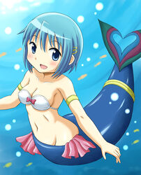  armband bandeau bare_shoulders blue_eyes blue_hair blush bra breasts cleavage commentary_request cosplay female hair_ornament hairclip lingerie looking_at_viewer mahou_shoujo_madoka_magica mahou_shoujo_madoka_magica_(anime) maru_takeo medium_breasts mermaid miki_sayaka monster_girl monsterification navel oktavia_von_seckendorff oktavia_von_seckendorff_(cosplay) open_mouth short_hair smile solo spoilers stomach underwear 