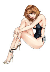  bad_id bad_pixiv_id breasts brown_eyes brown_hair casual_one-piece_swimsuit cleavage crossed_legs female hanamura high_heels legs long_legs medium_breasts one-piece_swimsuit original painttool_sai_(medium) shoes short_hair sideboob sitting solo swimsuit toeless_footwear 