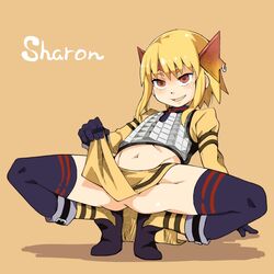  armor black_gloves blonde_hair character_name commentary female full_body gensou_suikoden gensou_suikoden_iii gloves headgear midriff navel oerba_yun_fang open_mouth red_eyes sharon_(suikoden) short_hair smirk solo thighhighs yucopi 