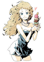  alternate_costume alternate_hairstyle bare_arms bare_shoulders black_dress blonde_hair blue_eyes bracelet breasts chimaki_(impressiveanarchy) cleavage closed_mouth commentary_request cookie cowboy_shot cropped_legs dress earrings female food heart holding holding_food hoop_earrings ice_cream ice_cream_cone jewelry long_hair looking_at_viewer medium_breasts myriam_(saga) nail_polish necklace pearl_bracelet pearl_necklace pocky quadruple_scoop red_nails romancing_saga romancing_saga_minstrel_song saga short_dress simple_background smile solo strapless strapless_dress white_background 