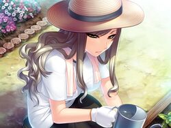  angry asuhara_misa bright candysoft casual curl curly_hair flower frown garden gardening glare glaring gloves hat kneeling long_hair looking_at_viewer motto_nee_chanto_shiyou_yo! silver_hair squatting straw_hat sumeragi_kohaku sunlight sunshine towel tsurime watering_can 