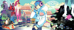  5boys barefoot beni_(dramatical_murder) bird building canine clear_(dramatical_murder) dramatical_murder gas_mask hand_in_pocket hat headphones highres honya_lala jacket japanese_clothes kimono koujaku long_coat major_mitchell&#039;s_cockatoo male_focus mask mink_(dramatical_murder) multiple_boys noiz_(dramatical_murder) official_art pixelated ren_(dramatical_murder) scarf seragaki_aoba sheath sheathed smile sword tori_(dramatical_murder) umbrella weapon 