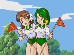  2girls animated animated bloomers brown_hair buruma fallen_down female green_hair gym_uniform multiple_girls net outdoors shoko_(super_real_mahjong) smile super_real_mahjong tears track 