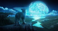  2012 atmosphere better_version_at_source canid canine canis cloud dark deltamike feral fur hill ice lake land looking_away mammal mountain night planet plant rock tree white_body white_fur wolf wolf_and_the_ice_planet 