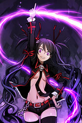  arm_up bail black_shorts breasts chains female hand_on_own_hip long_hair lowres medium_breasts navel necktie open_clothes photoshop_(medium) short_shorts shorts smile solo sword_girls thighhighs twintails undertaker_(sword_girls) whip 