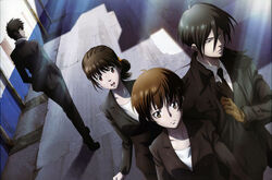  2boys 2girls artist_request asano_kyouji black_hair brown_hair formal ginoza_nobuchika highres kougami_shin&#039;ya long_hair multiple_boys multiple_girls necktie official_art psycho-pass serious shimotsuki_mika short_hair suit tsunemori_akane 