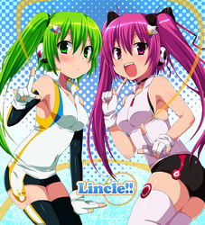  2girls bad_id bad_pixiv_id beatmania_iidx bemani blush fingerless_gloves futaba_841 gloves green_eyes green_hair hair_ornament hair_ribbon headphones kitami_erika mizushiro_celica multiple_girls open_mouth photoshop_(medium) ponytail purple_eyes purple_hair ribbon smile thighhighs twintails 