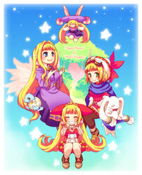  4girls angel bare_legs blonde_hair blue_eyes bow cherie_espoir closed_eyes commentary_request cornet_espoir crown doll dress family green_eyes hat jewelry kururu_(little_princess) kururu_(rhapsody) ledgem_(rhapsody) little_princess long_hair marl_kingdom multiple_girls pantyhose pointy_ears rhapsody short_hair sitting socks tsuyuka_(sunny_spot) wings 