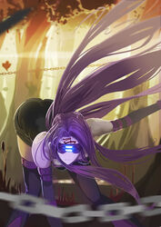  blindfold chains collar commentary facial_mark fate/stay_night fate_(series) female forehead_mark glowing long_hair medusa_(fate) medusa_(rider)_(fate) purple_hair solo terric thighhighs tree very_long_hair wind 