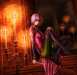  black_footwear bodice boots breasts brick_wall candlelight candlestand cape commentary_request cross-laced_clothes dark female from_side full_body green_legwear hair_between_eyes hand_on_own_knee highres holding holding_knife indoors jewelry katrina_(romancing_saga) knee_up knife kuroppu_66 lipstick long_sleeves looking_at_viewer makeup medium_breasts pantyhose parted_lips pelvic_curtain photoshop_(medium) purple_eyes purple_hair red_bodice red_lips reflection romancing_saga_3 saga satin short_hair sitting sitting_in_window solo thigh_boots thighhighs window 