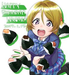  black_pantyhose blazer blue_bow blue_bowtie blue_skirt bow bowtie brown_hair commentary_request dated female food happy_birthday jacket koizumi_hanayo love_live! love_live!_school_idol_project nori_(seaweed) onigiri open_mouth pantyhose purple_eyes rurie_(lourie) shirt shoes short_hair shrimp shrimp_tempura simple_background skirt solo tempura tuna white_background 