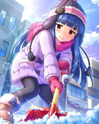  artist_request beanie black_hair black_pantyhose boots building cloud coat day female full_body hat idolmaster idolmaster_cinderella_girls long_hair mittens official_art pantyhose pink_scarf red_eyes sajo_yukimi scarf shovel snow snow_shovel solo winter_clothes 