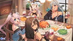  4girls ahoge alcohol azur_lane bikini bikini_top_only bikini_under_clothes black_bikini black_jacket blue_eyes body_markings bodypaint braid breasts cup dark-skinned_female dark_skin drinking_glass facial_mark feather_hair_ornament feathers fireplace food forehead_mark fork gravy gravy_boat green_bean hair_between_eyes hair_ornament heart heart-shaped_pupils heart_ahoge heterochromia highres indianapolis_(azur_lane) indoors jacket large_breasts light_purple_hair lucidsky massachusetts_(azur_lane) multiple_girls native_american official_art open_mouth partially_unzipped pie plate portland_(azur_lane) purple_hair second-party_source side_ponytail smile south_dakota_(azur_lane) swimsuit symbol-shaped_pupils thanksgiving tri_braids turkey_(food) unzipped wine wine_glass 