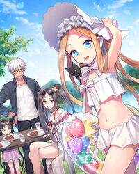  1boy 3girls abigail_williams_(fate) abigail_williams_(swimsuit_foreigner)_(fate) abigail_williams_(swimsuit_foreigner)_(third_ascension)_(fate) archer_(fate) archer_(summer_casual)_(fate) armpits bad_id bad_pixiv_id bare_shoulders bikini black_hair blonde_hair blue_eyes blue_sky blush bonnet bow breasts brown_eyes brown_hair chair cleavage curry curry_rice day double_bun dress_swimsuit earrings eyewear_on_head facial_mark fate/grand_order fate/stay_night fate_(series) food forehead forehead_mark hair_bun hair_ornament hairbow innertube jewelry long_hair looking_at_viewer medium_breasts miniskirt multiple_earrings multiple_girls navel open_clothes outdoors parted_bangs pink_bikini rice robe sessyoin_kiara sessyoin_kiara_(lily) sidelocks sitting skirt sky small_breasts smile spoon sunglasses swim_ring swimsuit table thighs twintails utensil_in_mouth very_long_hair wavy_hair white_bikini white_bow white_hair white_headwear yamigo yellow_eyes yu_mei-ren_(fate) yu_mei-ren_(swimsuit_lancer)_(fate) 