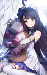  ahoge ankkoyom armlet bare_shoulders black_hair blue_bow blue_eyes blurry blush bow bridal_gauntlets brooch depth_of_field detached_sleeves dress feathered_wings feet_out_of_frame female frilled_dress frilled_hairband frilled_thighhighs frills hairband hairbow highres huge_ahoge hugging_object jewelry light_particles long_hair panilla_the_revival parted_lips sidelocks sitting solo straight_hair stuffed_animal stuffed_horse stuffed_toy thighhighs very_long_hair wariza white_dress white_thighhighs white_wings wings 