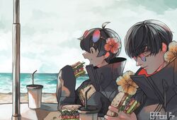  2boys absurdres ahoge beach black_coat black_hair cloud cloudy_sky coat commentary cup day disposable_cup drinking_straw eating eyewear_on_head fatalbug896 flower food food_on_face from_side german_commentary hair_flower hair_ornament hibiscus high_collar highres holding holding_food light_smile long_sleeves looking_at_viewer male_focus multiple_boys nichts_(fatalbug896) ocean open_mouth original outdoors profile red_flower round_eyewear sandwich short_hair sideways_glance sitting sky sleeves_past_fingers sleeves_past_wrists sunglasses table turtleneck two-sided_fabric upper_body water wille_(fatalbug896) yellow_flower 