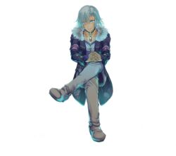  1boy alvis_(xenoblade) blue_coat coat crossed_legs dark-skinned_male dark_skin floating full_body fur_trim fuwamoko_momen_toufu grey_hair horizon interlocked_fingers levitation male_focus pants solo space spoilers thumbnail_surprise white_footwear white_pants xenoblade_chronicles_(series) xenoblade_chronicles_1 