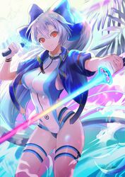  bad_id bad_pixiv_id blue_bow blue_jacket blue_one-piece_swimsuit bow breasts dual_wielding energy_sword fate/grand_order fate_(series) female hair_between_eyes hairbow highleg highleg_swimsuit highres hirose_(10011) holding jacket large_breasts long_hair looking_at_viewer one-piece_swimsuit ponytail red_eyes short_sleeves smile swimsuit sword thighs tomoe_gozen_(fate) tomoe_gozen_(swimsuit_saber)_(fate) tomoe_gozen_(swimsuit_saber)_(first_ascension)_(fate) two-tone_swimsuit weapon white_hair white_one-piece_swimsuit 