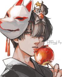  2boys absurdres ahoge black_eyes black_hair black_kimono candy_apple commentary dog_mask eating fatalbug896 food food_in_mouth fox_mask fruit highres holding holding_food japanese_clothes kimono long_sleeves looking_at_viewer male_focus mask mask_on_head mini_person miniboy multiple_boys nichts_(fatalbug896) on_head on_person original parted_lips person_on_head portrait short_hair signature simple_background sleeves_past_fingers sleeves_past_wrists sweets white_background wille_(fatalbug896) 