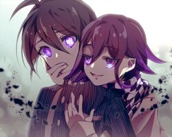  2boys :d ahoge brown_hair checkered_clothes checkered_scarf chinsha_(g0_mennasa1) danganronpa_(series) danganronpa_v3:_killing_harmony glowing glowing_eyes grey_background hair_between_eyes hand_in_another&#039;s_mouth jacket male_focus multiple_boys oma_kokichi open_mouth pointy_ears purple_eyes saihara_shuichi scarf smile striped_clothes striped_jacket two-tone_background upper_body white_background 