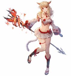  animal_ears bad_id bad_twitter_id blonde_hair breasts brown_eyes cat_ears cat_tail choker cleavage commentary_request crop_top detached_sleeves female final_fantasy final_fantasy_xiv highres khj korean_commentary large_breasts long_hair midriff miniskirt miqo&#039;te navel ribbon sandals skirt solo staff tail thighhighs thighs warrior_of_light_(ff14) 