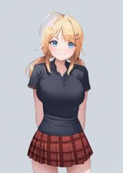  ahoge aqua_eyes arms_behind_back bad_id bad_pixiv_id black_shirt blonde_hair blush breasts collared_shirt commentary_request female grey_background hachimiya_meguru highres idolmaster idolmaster_shiny_colors large_breasts looking_at_viewer pepeo plaid plaid_skirt pleated_skirt red_skirt shirt short_sleeves simple_background skirt smile solo twintails 