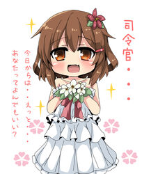  blush brown_eyes brown_hair commentary_request dress female flower hair_ornament hairclip ikazuchi_(kancolle) kantai_collection looking_at_viewer oerba_yun_fang open_mouth oshiruko_(uminekotei) photoshop_(medium) short_hair skin_fang smile solo translated wedding_dress 