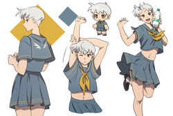  alternate_costume animification apex_legends bottle cowboy_shot crop_top cropped_shirt female grey_hair grey_shirt grey_skirt hair_behind_ear highres holding holding_bottle kogane_mushi looking_to_the_side midriff multiple_views navel neckerchief one_eye_closed open_clothes open_mouth open_shirt orange_eyes sailor_collar school_uniform serafuku shirt skirt smile stretching valkyrie_(apex_legends) water_bottle yellow_neckerchief 