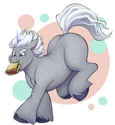  2023 aged_down alphabittle_blossomforth_(mlp) ass big_butt crumbs digital_media_(artwork) draft_horse ears_back eating equid equine eyebrows feral fetlocks fluffy fluffy_tail food freckles full-length_portrait fur grey_body grey_fur hair hasbro hi_res holding_food holding_object hooves horn horse jumping landing male mammal mane mlp_g5 mouth_hold muscular muscular_feral muscular_male my_little_pony mythological_creature mythological_equine mythology nibbling pivoted_ears pony portrait puffed_cheeks quadruped running sallylla sandwich_(food) simple_background slightly_chubby slightly_chubby_feral solo tail teeth thick_eyebrows thick_thighs unicorn unicorn_horn white_hair white_mane wide_hips 