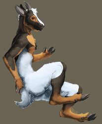  anthro ass biped bovid brown_background brown_body brown_fur caprine chest_tuft cloven_hooves digital_media_(artwork) digital_painting_(artwork) fur fuzzy goat head_tuft hi_res hoof_hands hooves horizontal_pupils horn i-psilone inner_ear_fluff looking_at_viewer male mammal multicolored_body multicolored_fur natural_colors nude orange_eyes popcorn_(thefuzzyhorse) pupils semi-anthro short_tail signature simple_background smile smiling_at_viewer solo tail teeth tuft unguligrade unguligrade_anthro white_body white_fur 