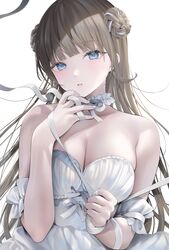  absurdres bare_shoulders blue_eyes blunt_bangs breasts brown_hair cattleya_regina_games choker cleavage detached_sleeves double_bun dress female frilled_choker frills hair_bun hanabusa_lisa highres holding holding_ribbon long_hair looking_at_viewer medium_breasts parted_lips pomelunch ribbon sidelocks simple_background solo upper_body virtual_youtuber vspo! white_background white_choker white_dress white_ribbon 