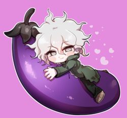  1boy blush_stickers chibi commentary_request danganronpa_(series) danganronpa_2:_goodbye_despair eggplant full_body grey_hair gwanlamcha heart hood hood_down hugging_object komaeda_nagito korean_commentary long_sleeves looking_at_viewer lying male_focus medium_hair messy_hair on_stomach outline pants pink_background shoes simple_background smile solo white_hair white_outline 