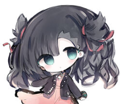  :o aqua_eyes asymmetrical_bangs bad_id bad_pixiv_id black_choker black_hair black_jacket blush chibi choker commentary_request cottontailtokki dress dusk_ball female hair_ribbon head_tilt holding holding_poke_ball jacket long_hair long_sleeves looking_at_viewer marnie_(pokemon) open_clothes open_jacket parted_lips pink_dress poke_ball pokemon pokemon_swsh red_ribbon ribbon simple_background solo white_background 