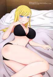  absurdres alice_lendrott bed bed_sheet bikini black_bikini black_nails blonde_hair blue_eyes braid breasts cleavage copyright_name copyright_notice crown_braid female highres igarashi_asuka indoors large_breasts long_hair looking_at_viewer lying magazine_scan megami_magazine official_art on_bed panties pillow scan shinigami_bocchan_to_kuro_maid smile solo swept_bangs swimsuit underwear wooden_wall 