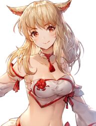  animal_ears bad_id bad_twitter_id blonde_hair breasts brown_eyes cat_ears choker cleavage commentary_request crop_top detached_sleeves facial_mark female final_fantasy final_fantasy_xiv khj korean_commentary large_breasts long_hair midriff miqo&#039;te navel ribbon smile solo upper_body warrior_of_light_(ff14) whisker_markings 