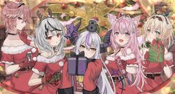  5girls absurdres ahoge animal_ears animal_on_head bell bird bird_on_head blonde_hair choker christmas christmas_tree dress fangs gift gloves grey_hair hair_wings hakui_koyori hat highres hololive holox horn_bell horns kazama_iroha kiukoma la+_darknesss mini_hat mini_santa_hat multiple_girls on_head pink_hair pointy_ears ponytail red_gloves sakamata_chloe santa_dress santa_hat sleeves_past_fingers sleeves_past_wrists takane_lui test_tube virtual_youtuber wings 