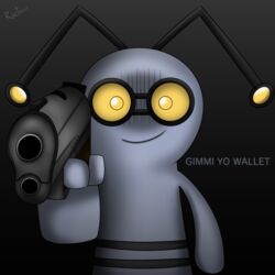  1:1 2022 ambiguous_gender antennae_(anatomy) black_antennae black_background closed_smile dialogue earless english_text generation_9_pokemon gimmighoul gimmighoul_(roaming_form) glistening glistening_antennae glistening_eyes grey_background gun happy holding_gun holding_object holding_ranged_weapon holding_weapon humanoid humor long_antennae looking_at_viewer mouth_closed nintendo noseless not_furry nude o_o pointing_gun_at_viewer pokemon pokemon_(species) portrait pun raised_arm ranged_weapon reaction_image round_head roztocci shadow signature simple_background smile smiling_at_viewer solo standing talking_to_viewer text threatening threatening_with_weapon threatening_words weapon wide_eyed yellow_antennae yellow_eyes yellow_sclera 