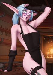  :o absurdres apron arm_up black_apron black_gloves blacksmith blacksmith_tongs blue_hair breasts collarbone colored_skin commission deilan12 elf facial_mark female fingerless_gloves fire gloves glowing glowing_eyes grey_eyes hand_up highres indoors long_eyebrows long_hair medium_breasts naked_apron night_elf_(warcraft) open_mouth parted_bangs player_character_(wow) pointy_ears ponytail signature solo sweat teeth tongs tools upper_teeth_only warcraft white_skin world_of_warcraft 