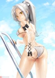  ass azur_lane back bare_shoulders bikini bow breasts butt_crack covered_nipples cowboy_shot day detached_sleeves drake_(azur_lane) drake_(the_golden_hind&#039;s_respite)_(azur_lane) female from_behind from_below frown grey_hair hairbow halterneck highres joko_jmc long_hair long_sleeves looking_at_viewer looking_back medium_breasts multi-strapped_bikini official_alternate_costume outdoors ponytail see-through sidelocks sky solo strap_gap string_bikini swimsuit thighs wet white_bikini yellow_eyes 