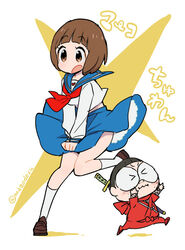  &gt;_&lt; :o blue_sailor_collar blue_skirt blunt_bangs brown_eyes brown_footwear brown_hair commentary crossover female katana kill_la_kill long_sleeves mago mankanshoku_mako neckerchief parody red_neckerchief sailor_collar sarutobi_nikumaru sasuga_no_sarutobi school_uniform serafuku shirt short_hair skirt socks sword sword_behind_back symbol-only_commentary twitter_username weapon white_shirt 