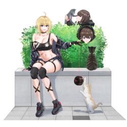  1boy 2girls absurdres ahoge amy_strickland bandaid bandaid_on_face bare_shoulders blonde_hair blue_eyes breasts brown_hair bush cleavage counter:side feline highres large_breasts lee_jisoo looking_at_viewer mmm_(ji1945) multiple_girls na_yubin navel official_art sitting stomach_tattoo strap_slip tattoo transparent_background yo-yo 