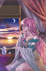  cloud cover cover_page cup douluo_dalu dusk female from_side highres long_hair looking_outside mole mole_under_eye moon mountain mu_fengchun night night_sky official_art pink_hair scan sitting sky solo sunset teacup teapot third-party_source upper_body windowsill 