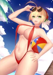  adjusting_eyewear ahoge blonde_hair blush breasts bu_li cleavage commentary covered_nipples day eyewear_on_head fate/extra fate_(series) female green_eyes hair_bun hair_intakes hand_on_own_hip highres large_breasts looking_at_viewer navel nero_claudius_(fate) nero_claudius_(fate/extra) nero_claudius_(red_lightning)_(fate) official_alternate_costume open_mouth outdoors single_hair_bun slingshot_swimsuit smile solo sunglasses swimsuit toned 