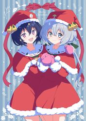  2girls :d arm_around_shoulder black_hair blue_eyes capelet christmas closed_mouth commentary cowboy_shot dress english_text fur-trimmed_capelet fur_trim grey_hair hat hat_bell highres holly konno_junko light_blush long_hair looking_at_viewer merry_christmas mittens mizuno_ai multiple_girls open_mouth own_hands_together pink_mittens purple_eyes red_capelet red_headwear santa_dress santa_hat short_dress short_hair side-by-side smile somasoutaro standing star_(symbol) striped striped_background vertical_stripes zombie_land_saga 