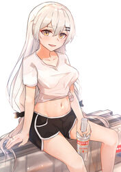  absurdres alcohol black_shorts bottle breasts collarbone dolphin_shorts female girls&#039;_frontline grey_hair highres holding holding_bottle jewelry long_hair looking_at_viewer medium_breasts midriff muteppona_hito navel open_mouth ring shirt short_sleeves shorts sitting sitting_on_object smirnoff_(vodka) solo svd_(girls&#039;_frontline) tied_shirt vodka weapon_case white_background white_shirt yellow_eyes 