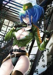  alternate_costume belt black_gloves black_panties blue_hair blue_lips breasts coco_(eccentricrouge) crop_top earrings eyepatch female garrison_cap gloves hat holding holding_riding_crop holster jewelry leona_heidern lipstick makeup medium_breasts military military_hat military_uniform no_pants panties riding_crop snk_heroines:_tag_team_frenzy solo the_king_of_fighters thigh_holster thigh_strap thighhighs underwear uniform 