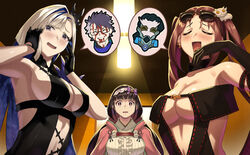  2boys 3girls bare_shoulders beppu_mitsunaka black_dress blonde_hair blood blood_on_face blue_hair blush breasts brown_hair brynhildr_(fate) brynhildr_(swimsuit_berserker)_(fate) brynhildr_(swimsuit_berserker)_(second_ascension)_(fate) center_opening cleavage cloak closed_eyes collarbone dress eyewear_on_head fate/grand_order fate_(series) glasses grin hair_ornament highres hood hooded_cloak large_breasts long_hair looking_at_viewer multicolored_hair multiple_boys multiple_girls open_mouth osakabehime_(fate) pink_cloak purple_eyes ribbon-trimmed_dress sigurd_(fate) sigurd_(memories_with_my_lover)_(fate) smile sunglasses two-tone_hair very_long_hair xiang_yu_(fate) yu_mei-ren_(fate) yu_mei-ren_(swimsuit_lancer)_(fate) 