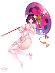  :&gt; breasts cleavage daika_(last_origin) detached_sleeves earrings female finger_to_mouth flower full_body garter_belt hair_flower hair_ornament high_heels highres jewelry large_breasts last_origin lingerie looking_at_viewer official_alternate_costume parasol purple_hair red_eyes revision short_hair simple_background smile solo thighhighs toriseru_(rare_stone) umbrella underwear white_background white_thighhighs 