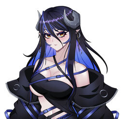  absurdres bandeau belt black_bandeau black_belt black_hair black_jacket black_skirt blue_belt blue_hair blush breasts brown_eyes chest_belt cleavage closed_mouth collarbone curled_horns demon_girl demon_horns earrings female grey_horns hair_between_eyes hebiyoi_tier hebiyoi_tier_(1st_costume) highres horns jacket jewelry large_breasts long_hair long_sleeves looking_at_viewer multicolored_hair nanashi_inc. navel off_shoulder open_clothes open_jacket pendramon pointy_ears sidelocks simple_background skirt solo sugar_lyric two-tone_hair underboob upper_body v-shaped_eyebrows virtual_youtuber white_background 